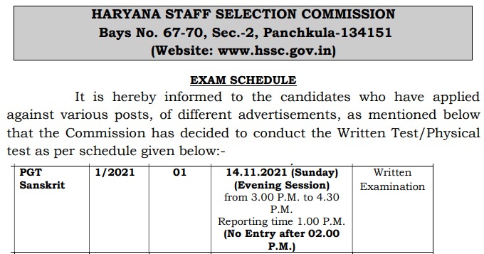 Haryana Hssc Pgt Admit Card 2021 Pgt Sanskrit Teacher Exam Date